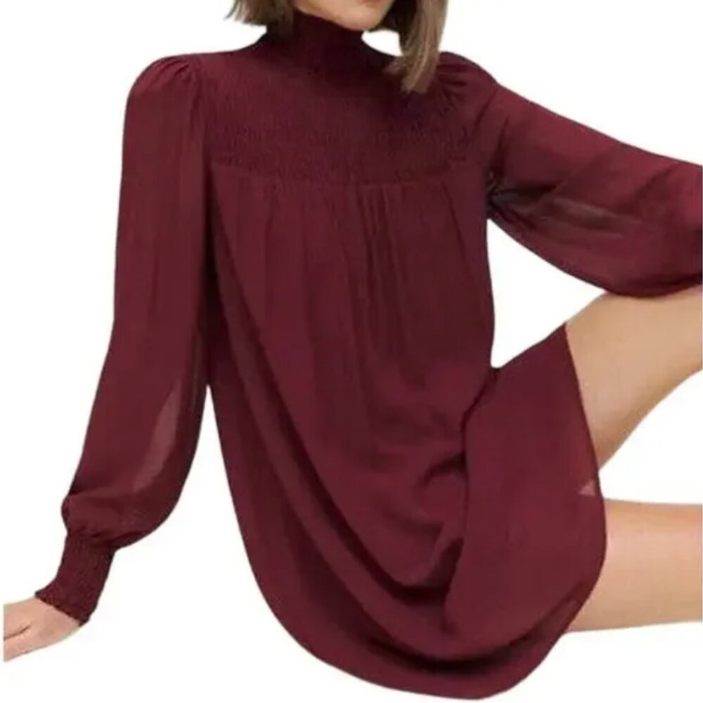 Reformation | Burgundy Brandi Smocked Long Sleeve Mini Dress | Size Small